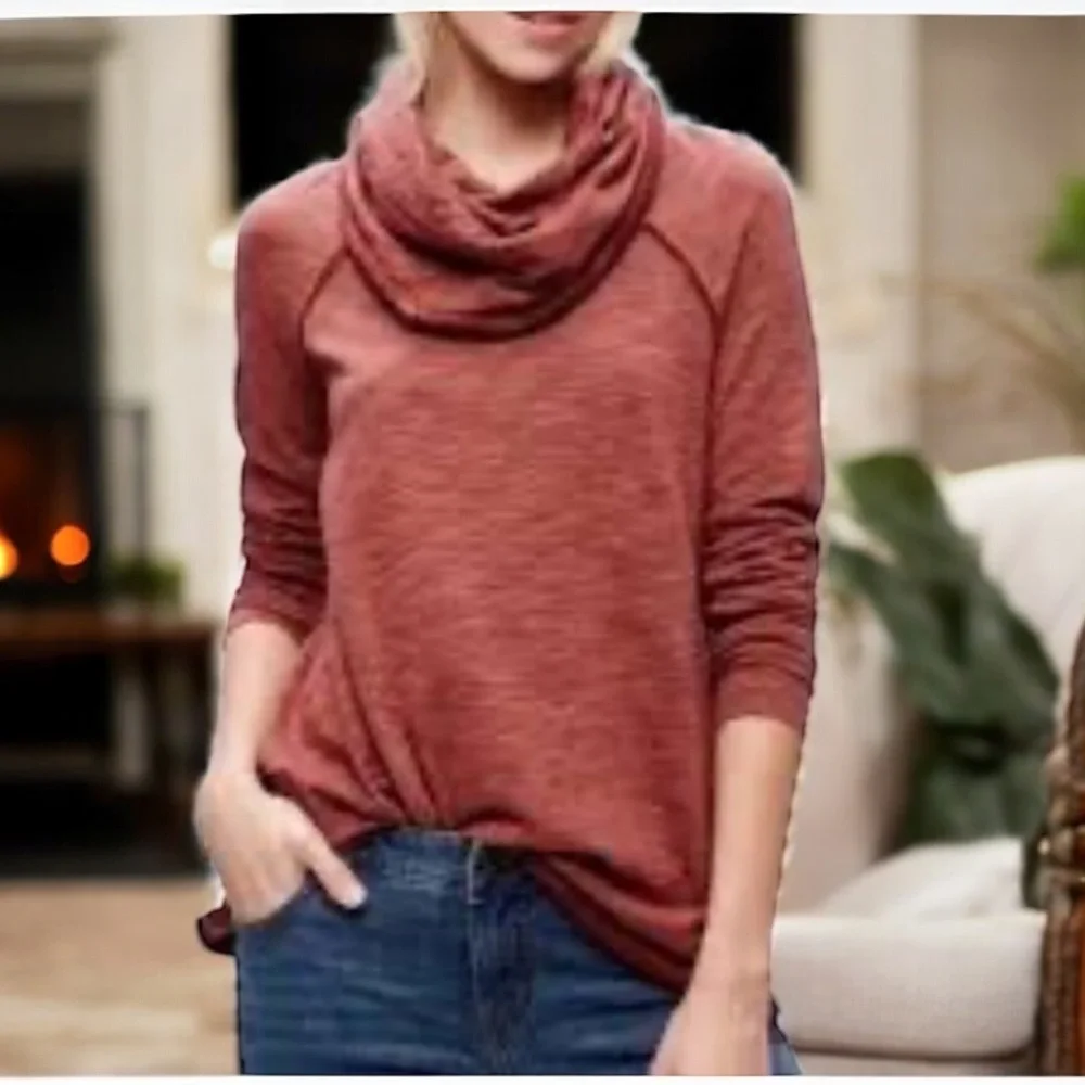 Free People Cowl Neck‎ Pullover Sweatshirt Brick Red Heathered XS